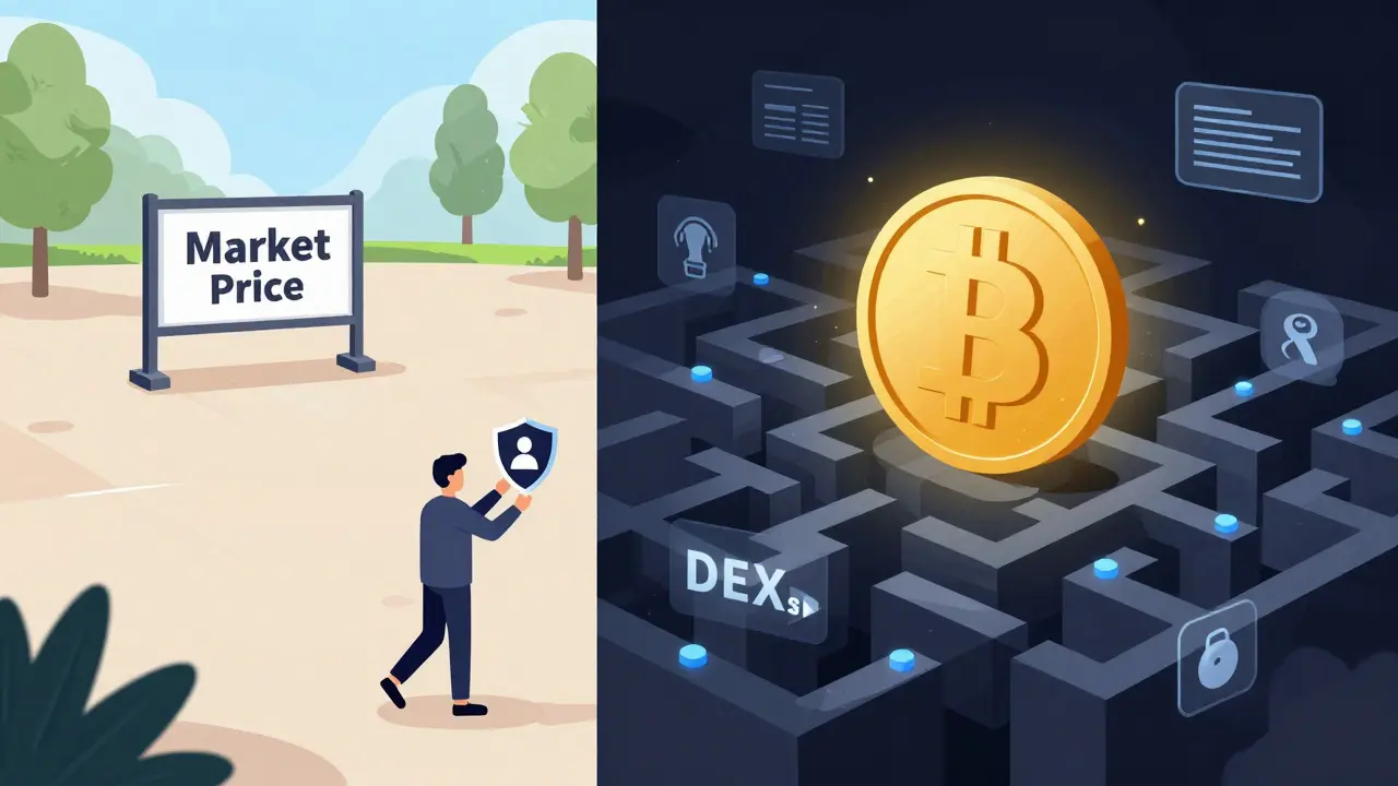 Split screen comparing an open legal market to a complex, expensive underground crypto maze.