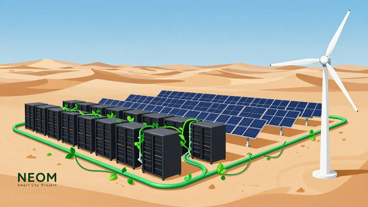 Sustainable mining servers with solar panels in desert environment.