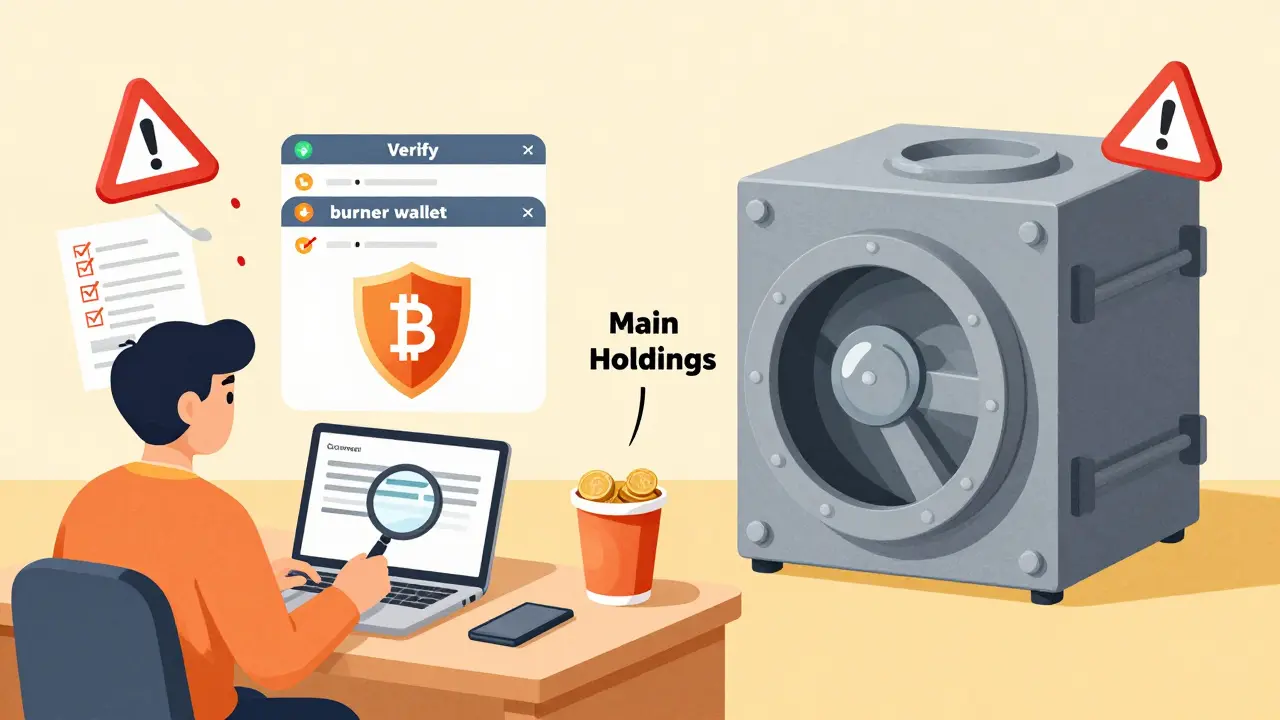 Cartoon depicting wallet security checks and burner wallet usage.