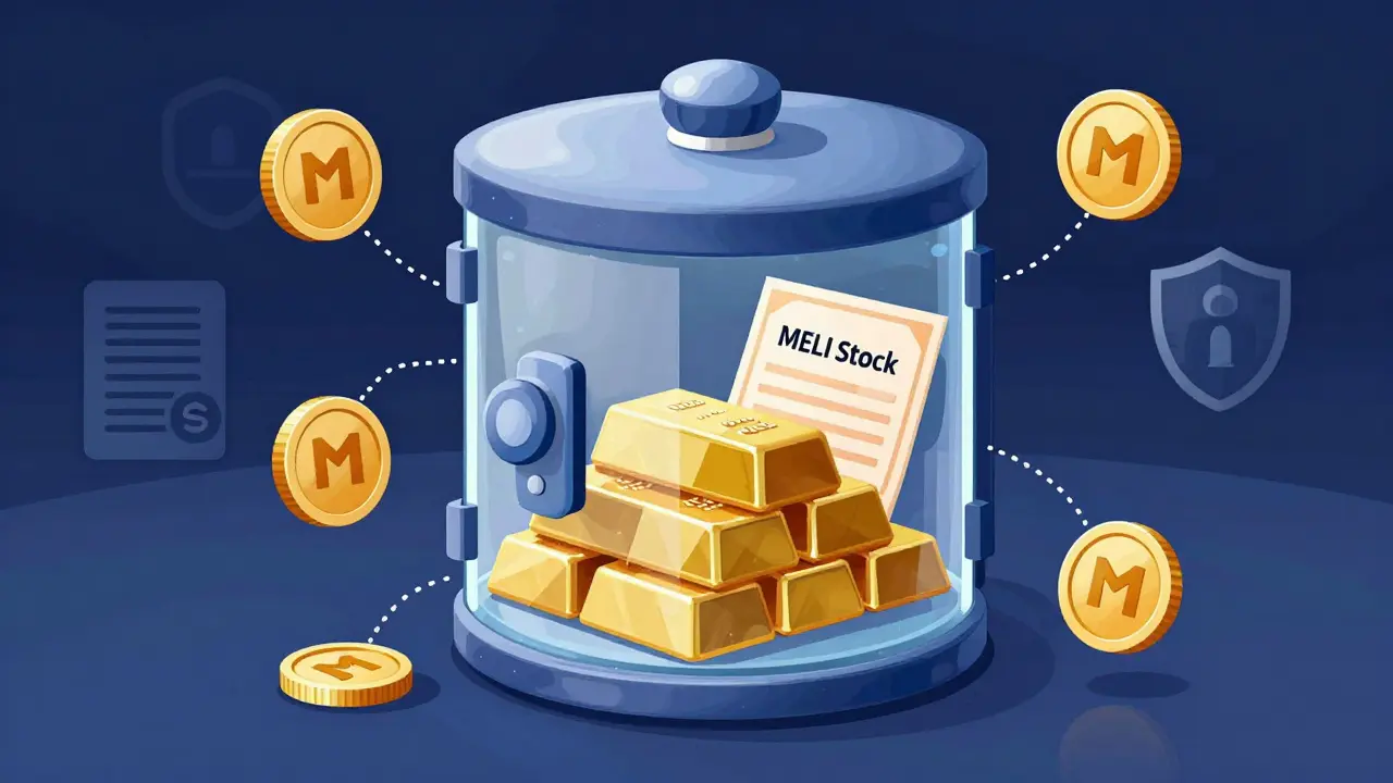Cartoon of digital tokens backed by physical stock assets in a secure vault