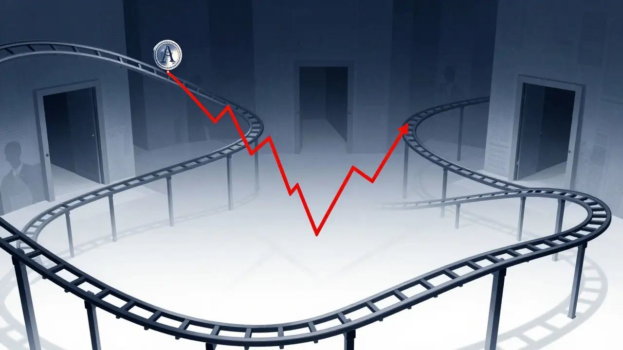 Cartoon of tiny crypto token on volatile rollercoaster above empty void