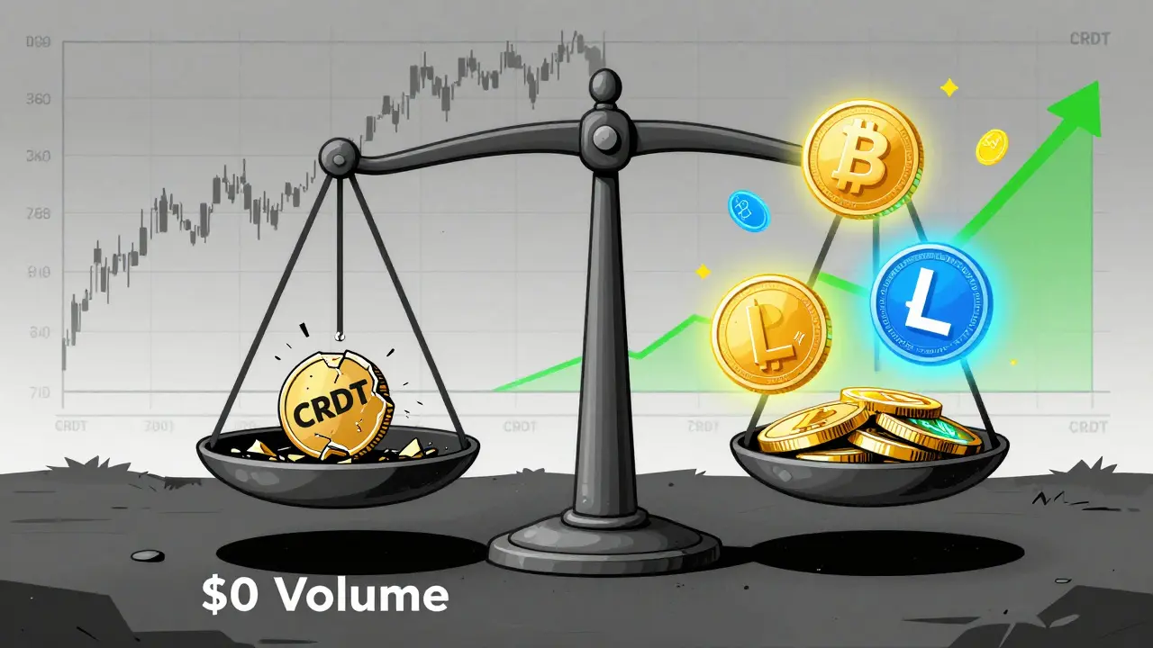 Cartoon scale comparing tiny CRDT coin to vibrant active cryptocurrencies.