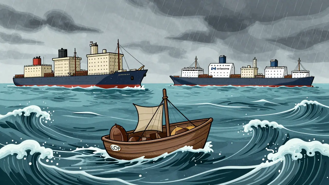 Cartoon showing LOOP token boat in rough seas versus stable competitor ships.