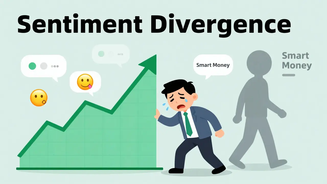 Cartoon showing stock price rising while investor sentiment lags behind