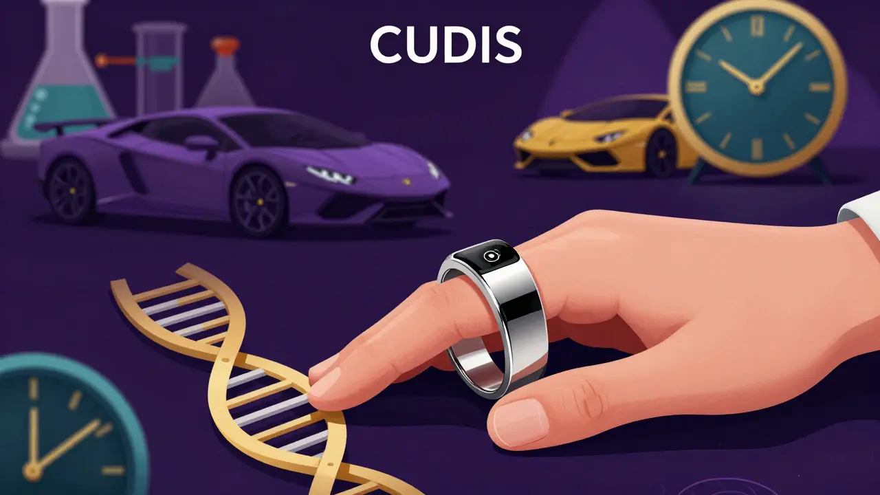 Close-up editorial illustration of a luxury smart ring with sci-fi elements.