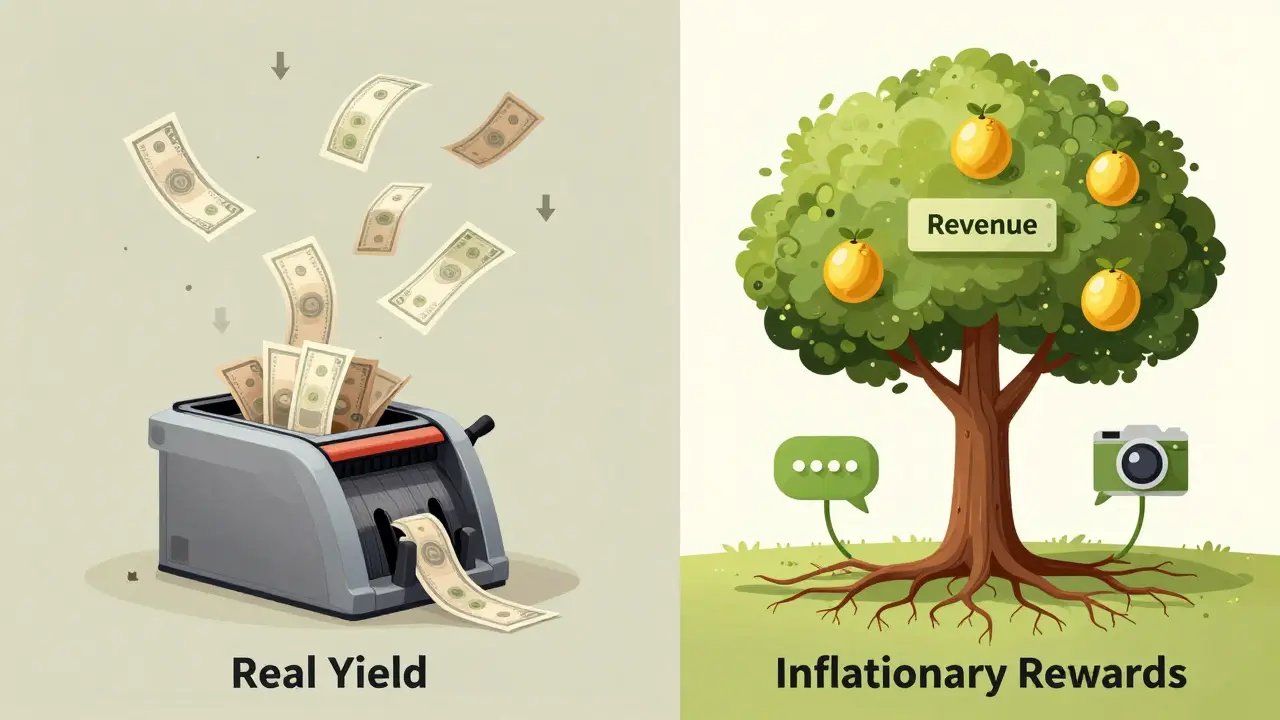 Comparison of inflationary token printing vs real revenue-backed yield