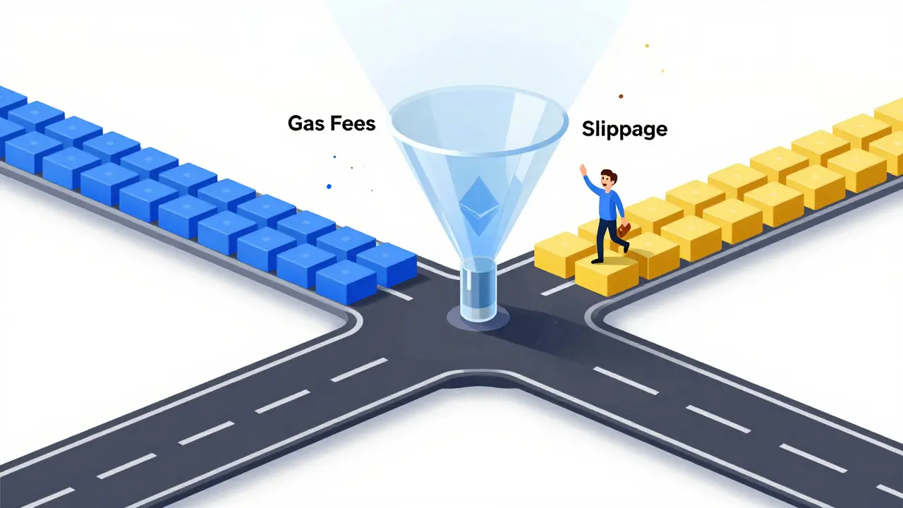 Conceptual art of gas fees being filtered out from cross-chain trading paths