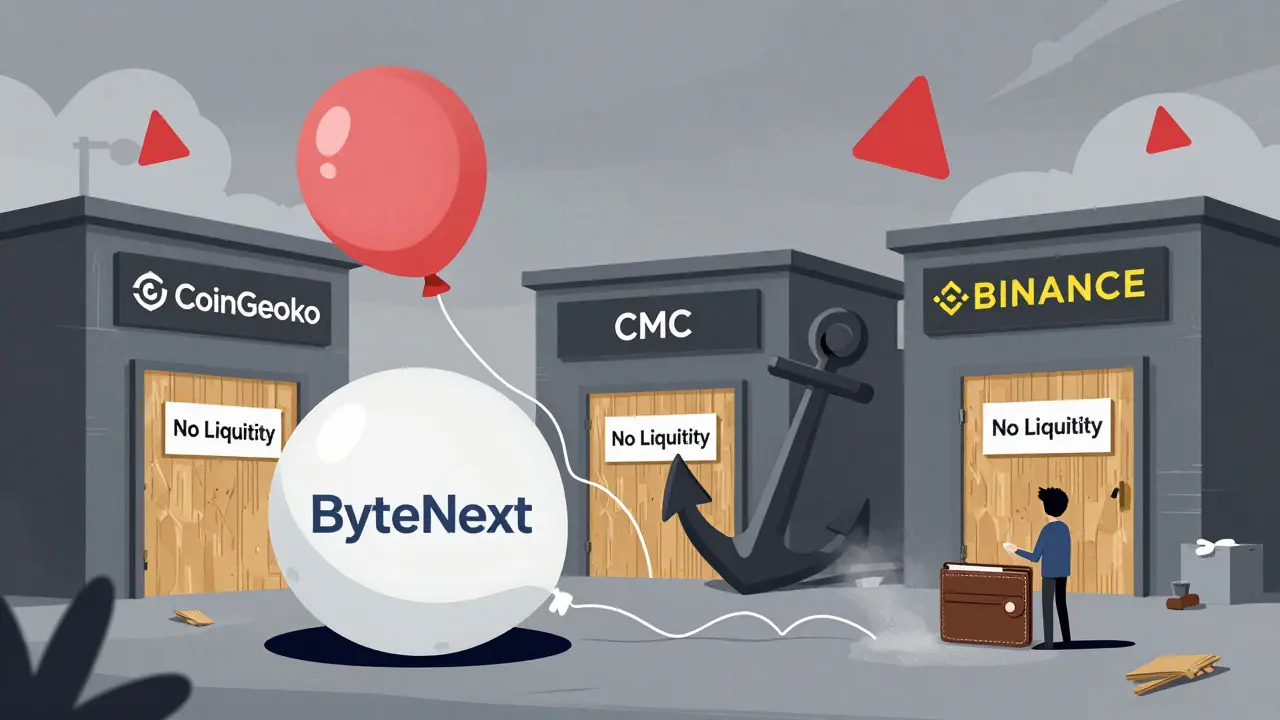 Deflated ByteNext balloon next to closed exchange doors showing market crash.