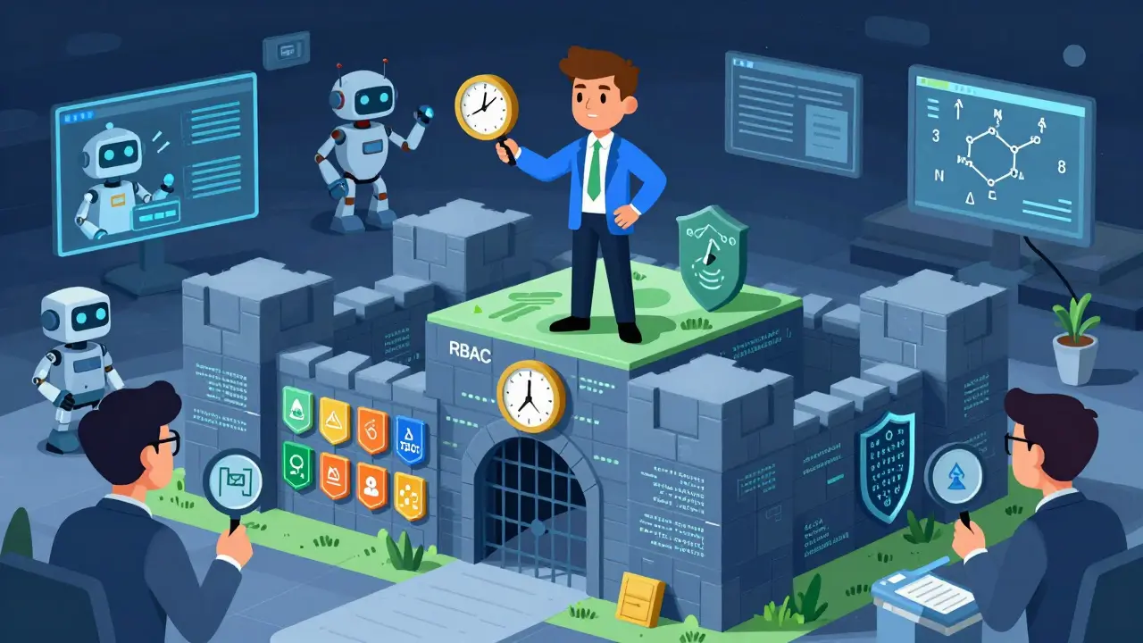 Developer behind a secure fortress with RBAC, timelocks, and audit shields.