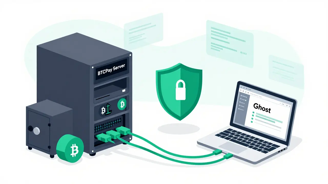 Diagram of BTCPay server connecting securely to Ghost CMS platform