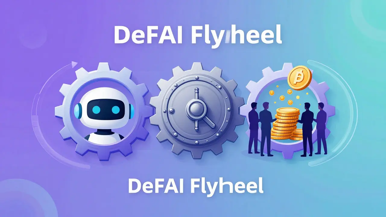 Diagram of Orizon's DeFAI flywheel connecting AI, treasury, and yield