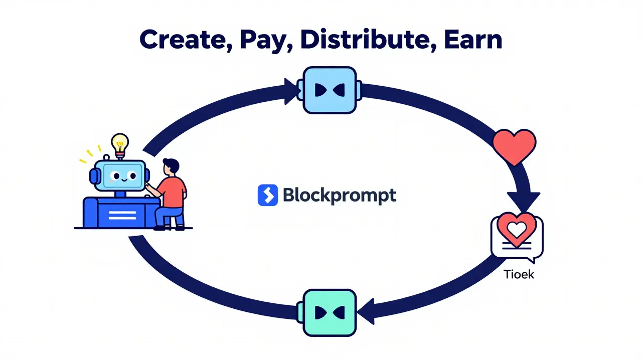 Diagram showing the create-pay-distribute-earn cycle of the platform.
