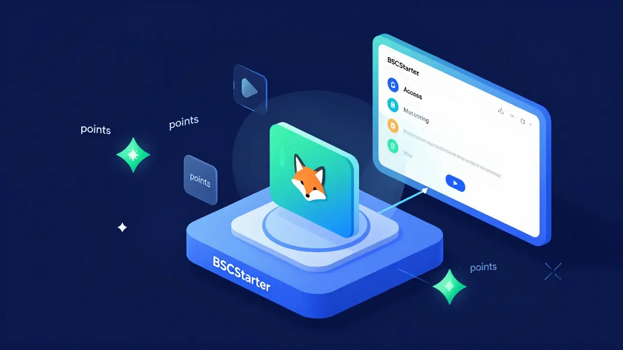 Digital wallet connecting to a BSCStarter launchpad platform with point indicators.