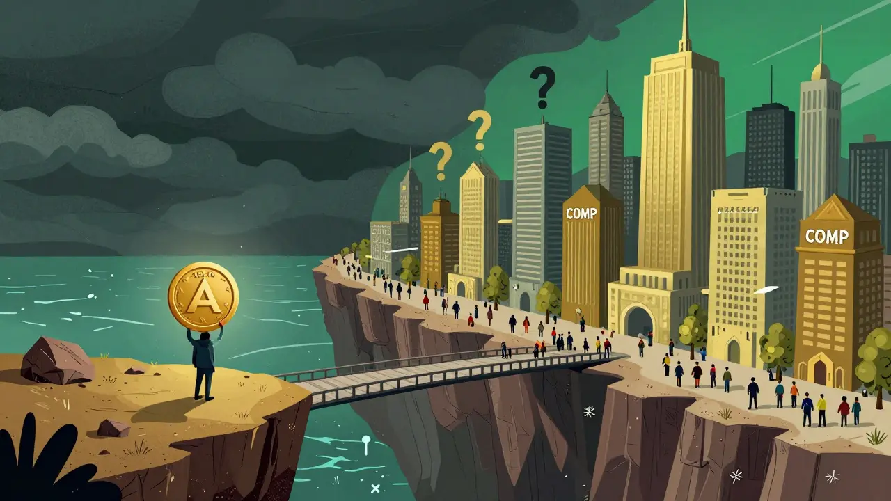Editorial art comparing small risky AGLA token to large stable crypto cities