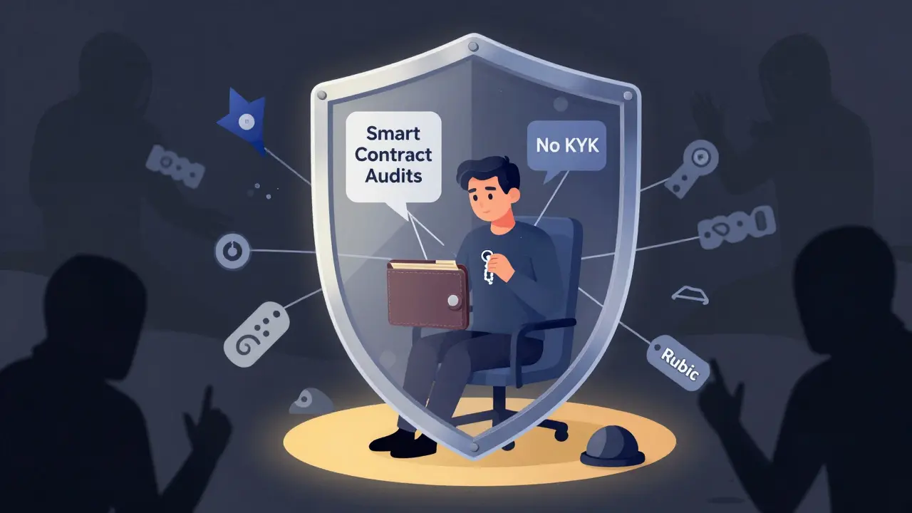 Editorial art showing secure, anonymous DeFi trading protected by audits