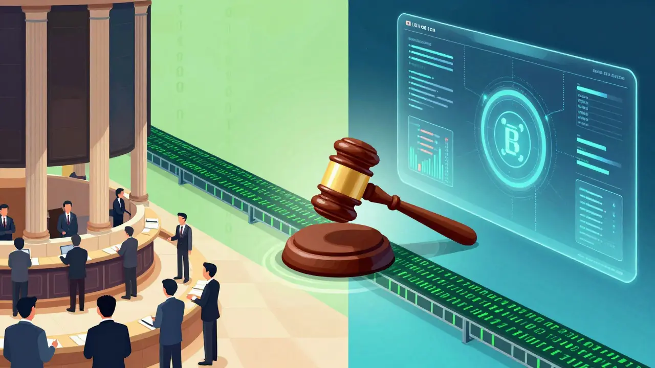 Editorial art showing the bridge between traditional banking and blockchain trading via DLT Act.