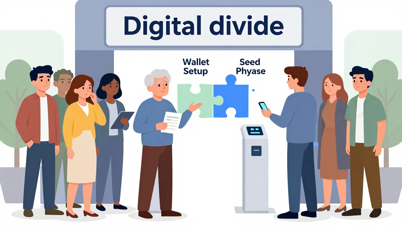 Editorial cartoon depicting the digital divide and wallet setup barriers for older concertgoers.
