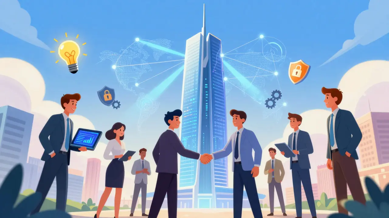Futuristic view of Jordan as a secure hub for global digital finance.