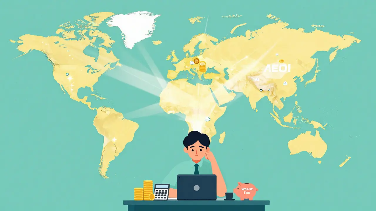 Graphic depicting global data sharing for crypto taxes and wealth reporting from Switzerland.