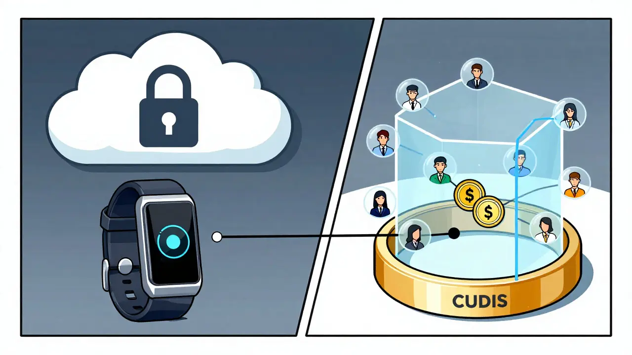 Illustration comparing centralized vs decentralized health data ownership.