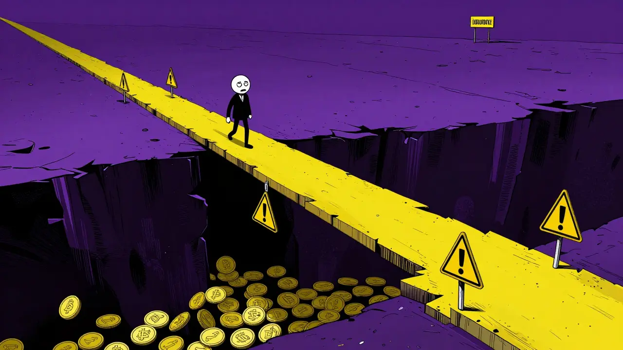 Illustration of a person on a crumbling bridge over an abyss, symbolizing liquidity traps