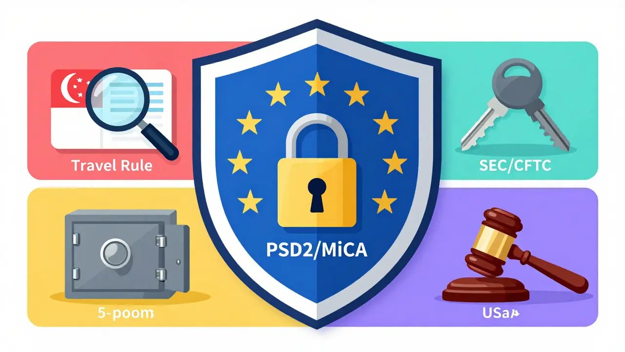 Illustration of a shield divided into four sections showing regional crypto security measures.