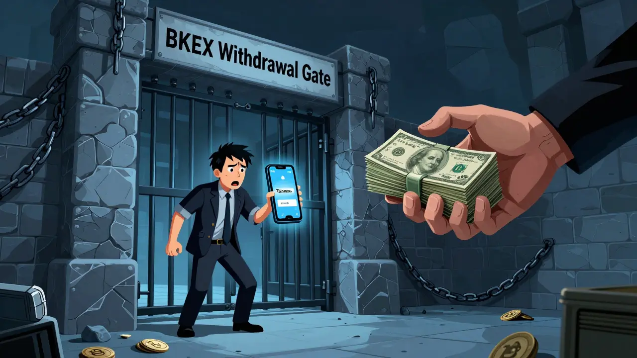 Illustration of a trader blocked by a chained gate demanding fake taxes, representing withdrawal issues.