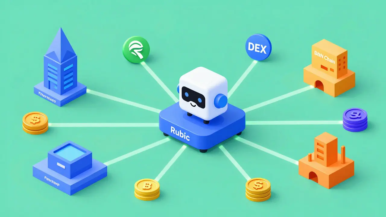 Illustration of Rubic router connecting multiple blockchains and DEXs efficiently