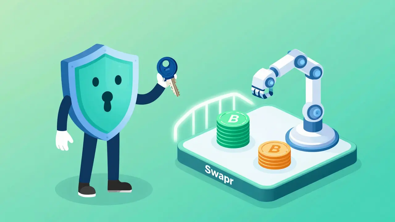 Illustration of secure non-custodial crypto wallet connecting to Swapr DEX