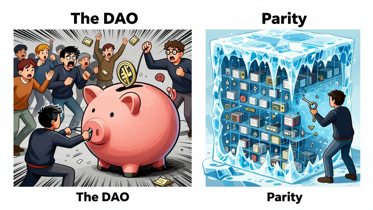Illustration of the DAO hack draining funds and Parity wallets frozen in ice.