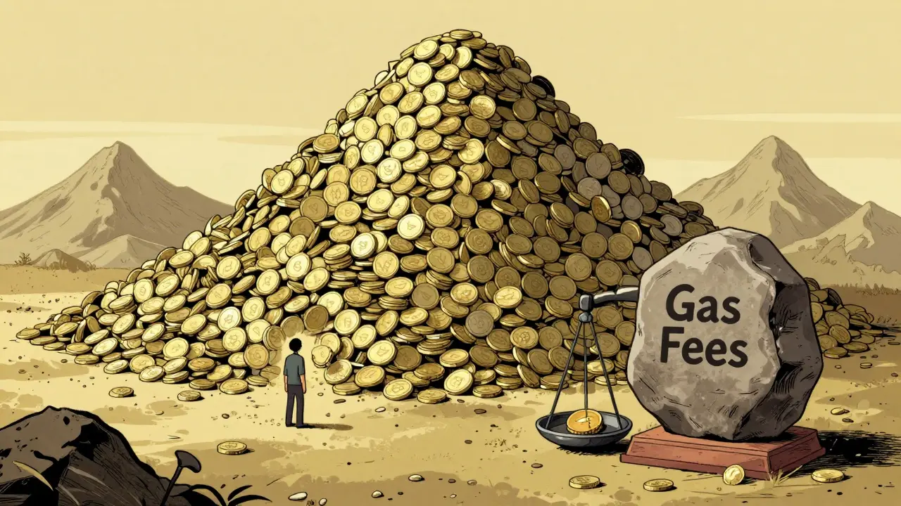 Illustration of user buried under tokens weighed against gas fees