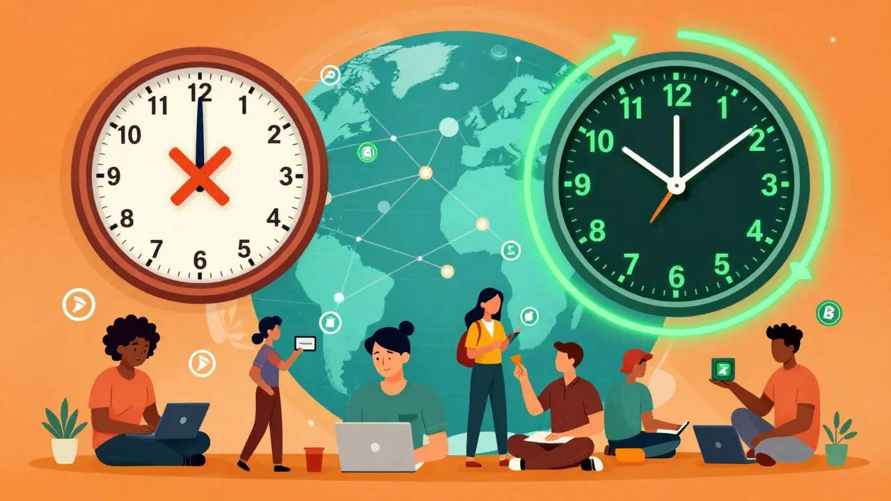 Illustration showing 24/7 global trading access compared to limited market hours