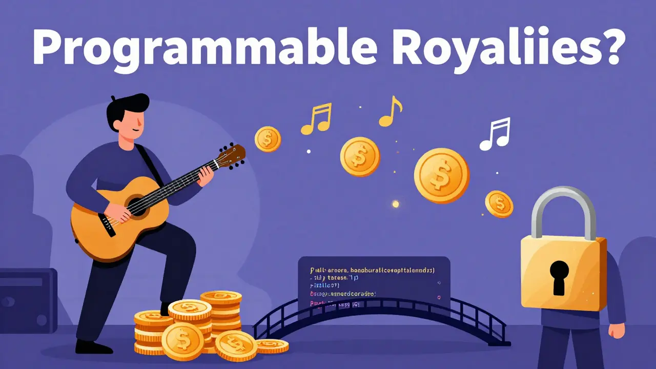 Illustration showing royalties flowing from ticket resale directly to the artist via smart contracts.