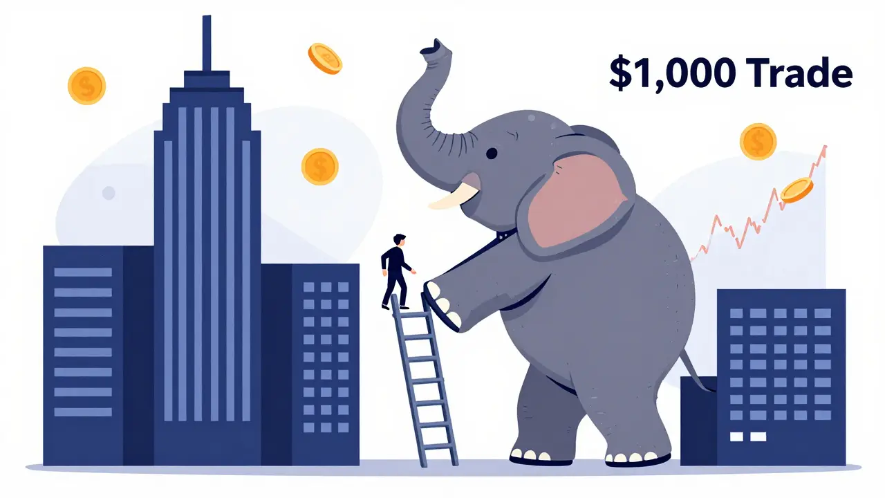 Illustration showing thin liquidity ladder wobbling under a large trade weight