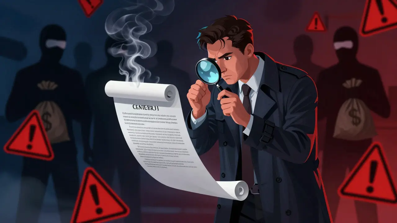 Investor inspecting risky crypto contract with shadowy figures