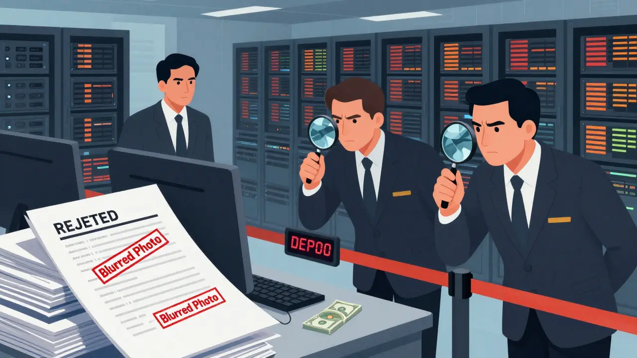 Regulators inspecting servers and blocked funds amidst piles of rejected ID documents.