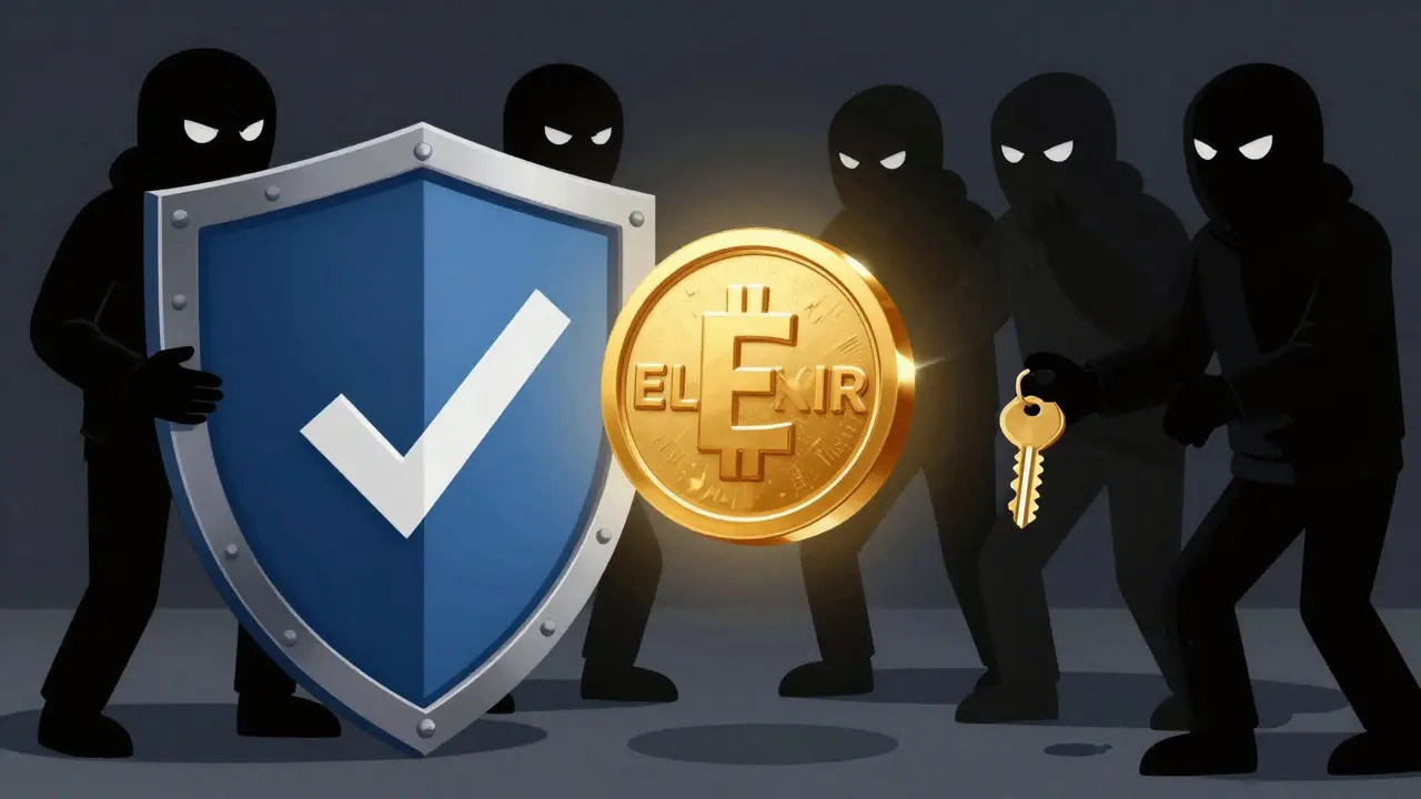 Security shield protecting a crypto token from scammers in a split illustration.