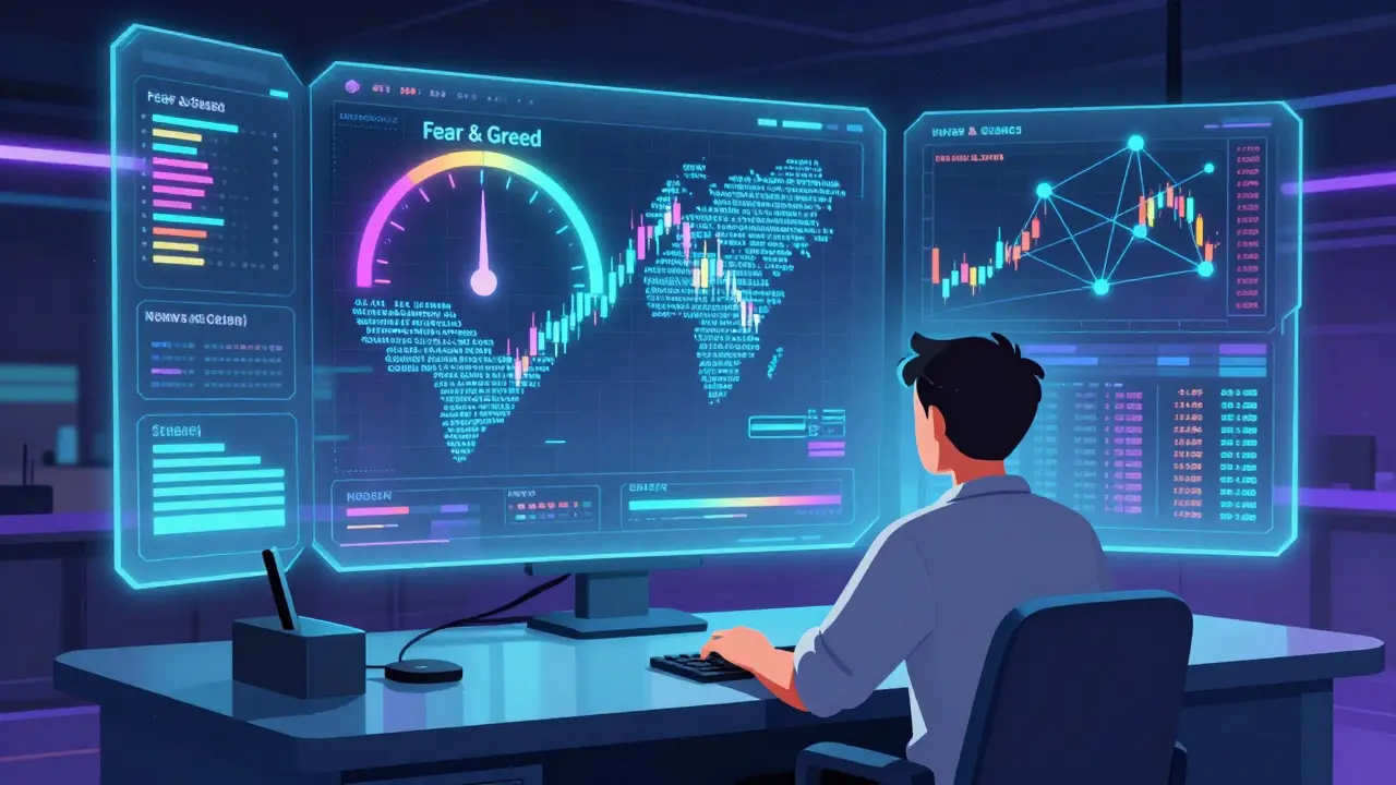 Trader analyzing holographic sentiment maps and word clouds on screens