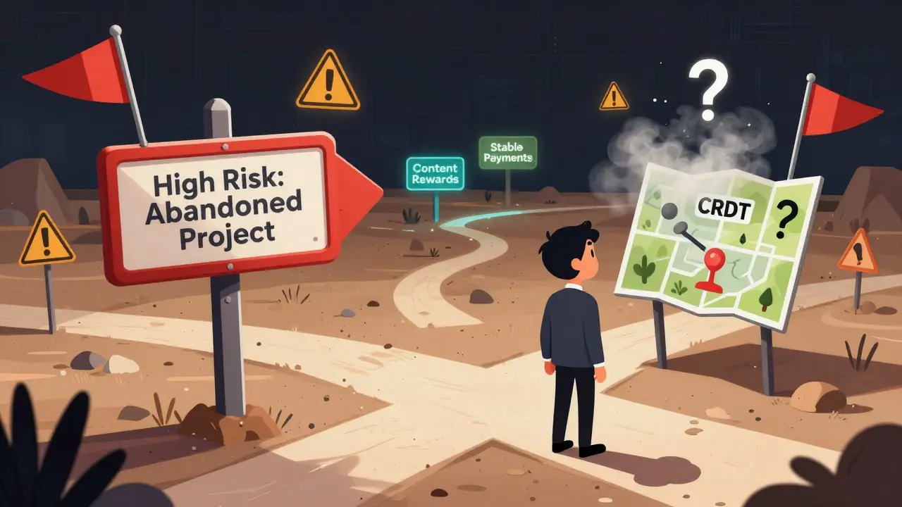 Warning signpost in digital landscape pointing to high-risk abandoned crypto path.