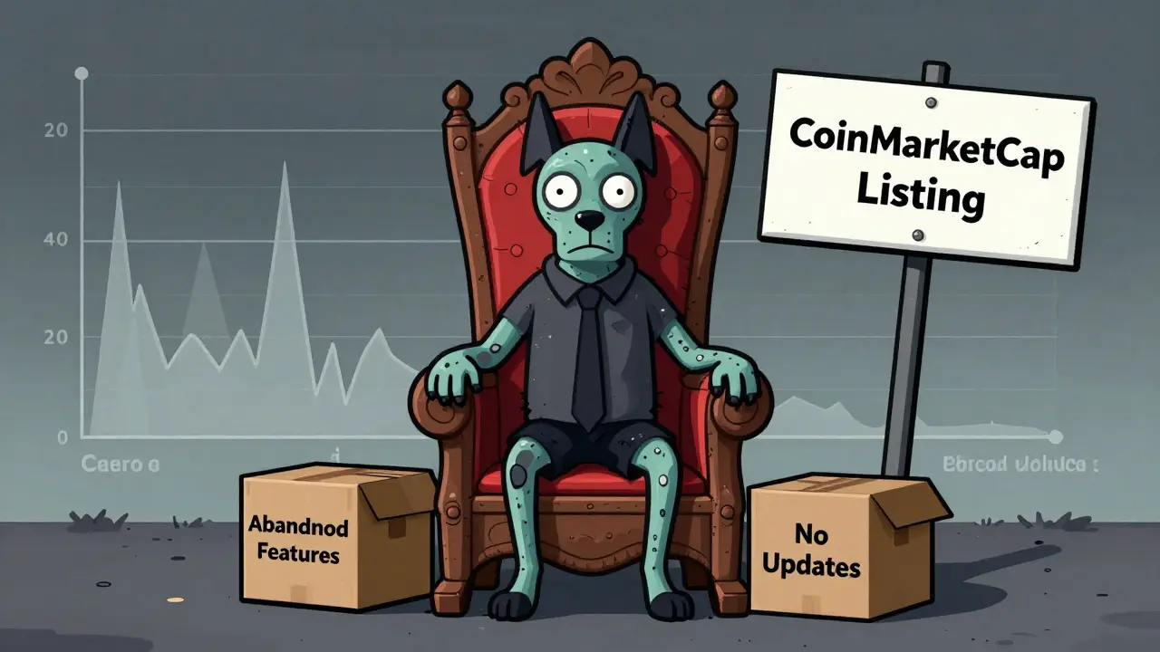 Zombie dog mascot on throne of abandoned crypto features