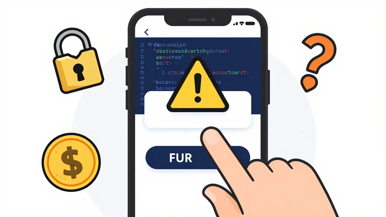 A cartoon-style illustration showing a mobile DEX interface where a user swaps stablecoins for FUR tokens, highlighted by surrounding risk icons like broken locks and downward arrows, emphasizing the dangers of micro-cap crypto trading.