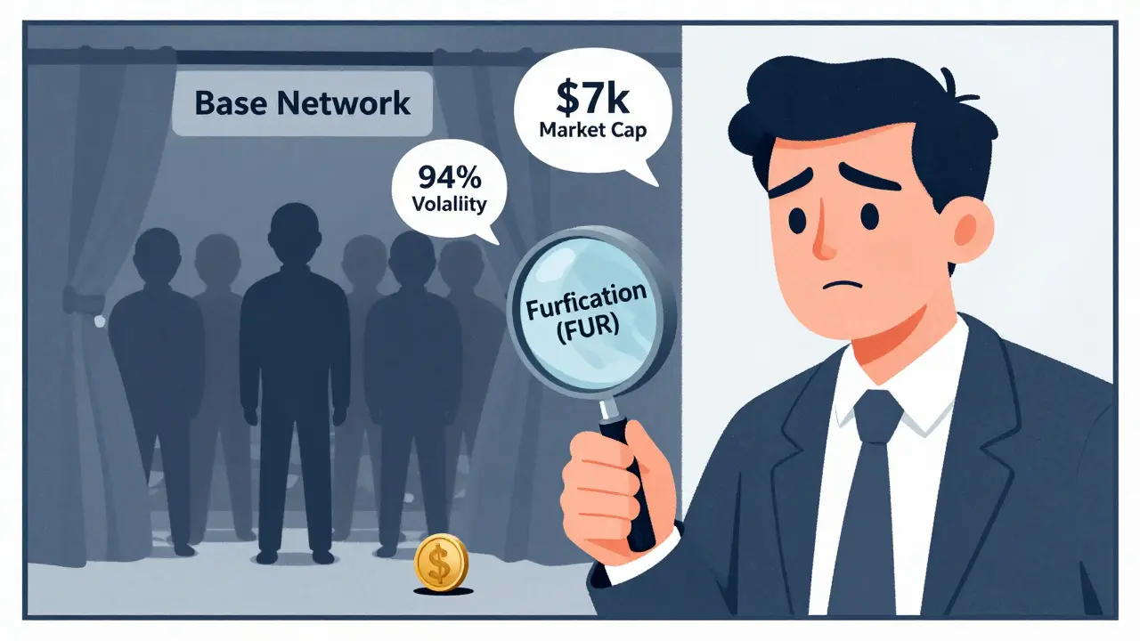 A modern editorial illustration of an investor scrutinizing a tiny FUR coin with a magnifying glass, while an anonymous team hides in the background amidst floating statistics about market cap and volatility.
