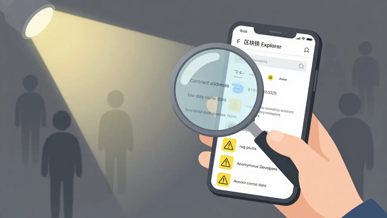 Analyst verifying token details and risks with magnifying glass