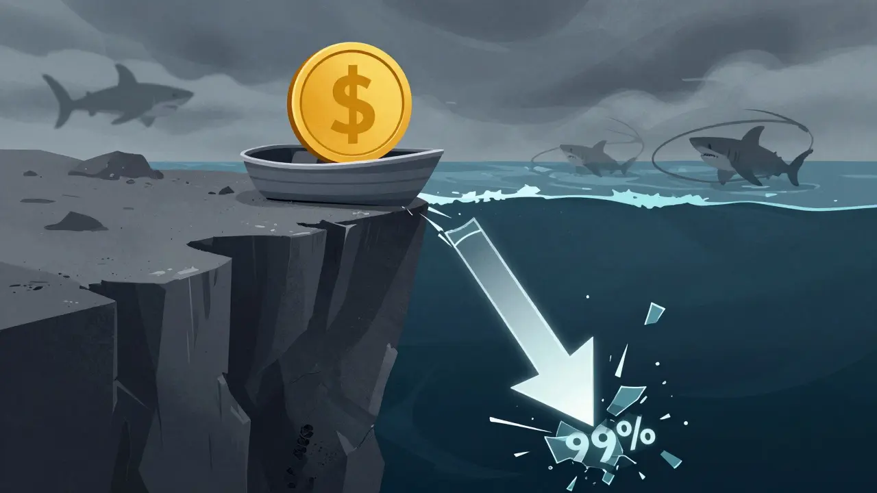 Boat on cliff edge symbolizing DOGEAI's severe market crash and risk