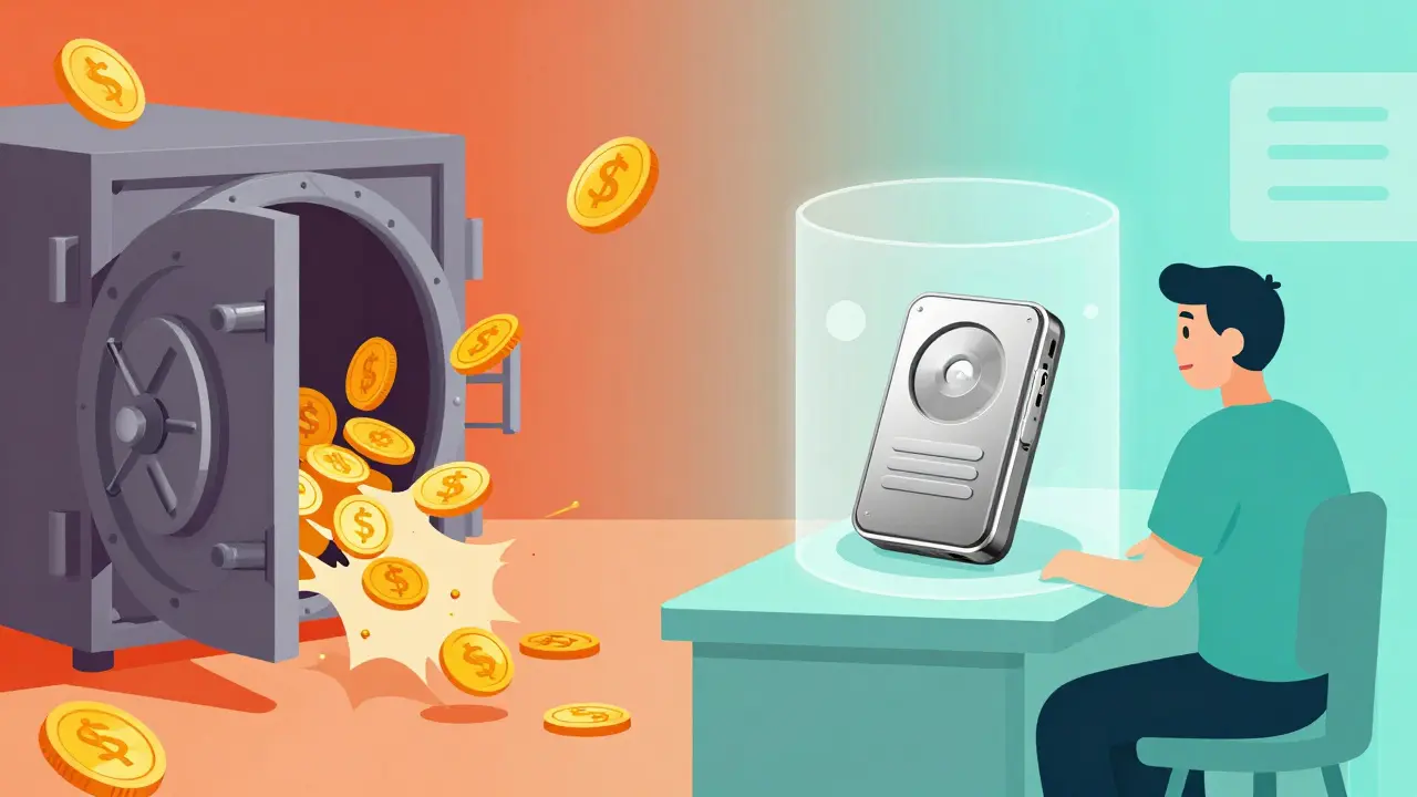 Cartoon comparing a hacked exchange vault to a secure hardware wallet on a desk.