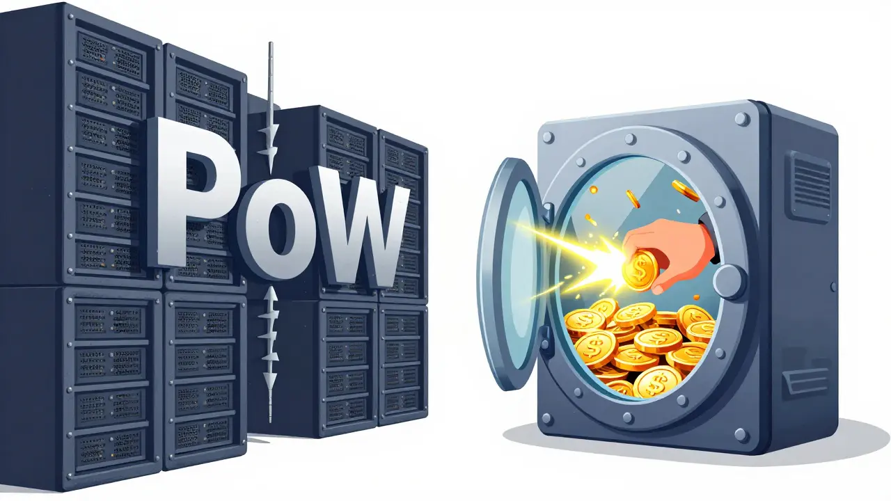 Cartoon comparing PoW hardware costs vs PoS staking penalties