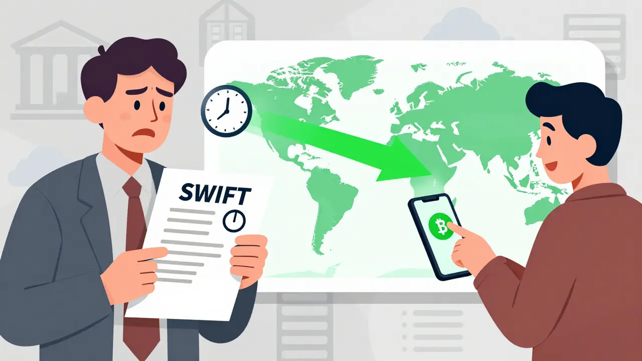 Cartoon comparing slow SWIFT payments vs fast stablecoins