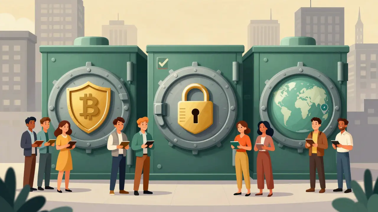 Cartoon drawing of secure, regulated crypto vaults protecting happy users' assets