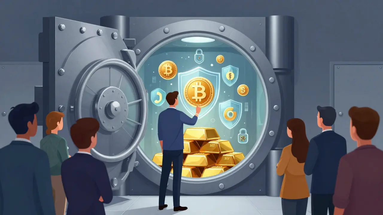 Cartoon of a high-security vault protecting digital assets from hackers