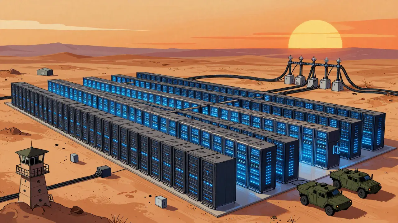 Cartoon of a large state-controlled Bitcoin mining farm in desert